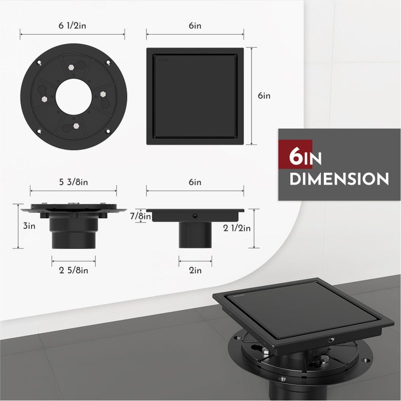 WEBANG 6 Inch Square Shower Drain Black Floor Drain with Flange Reversible 2-in-1 Cover Tile Insert Grate Removable SUS304 Stainless Steel CUPC Certified Matte Black - Image 2