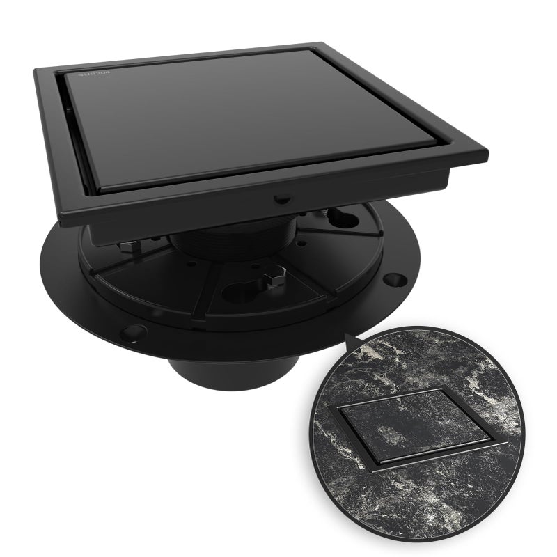 WEBANG 6 Inch Square Shower Drain Black Floor Drain with Flange Reversible 2-in-1 Cover Tile Insert Grate Removable SUS304 Stainless Steel CUPC Certified Matte Black - Image 1