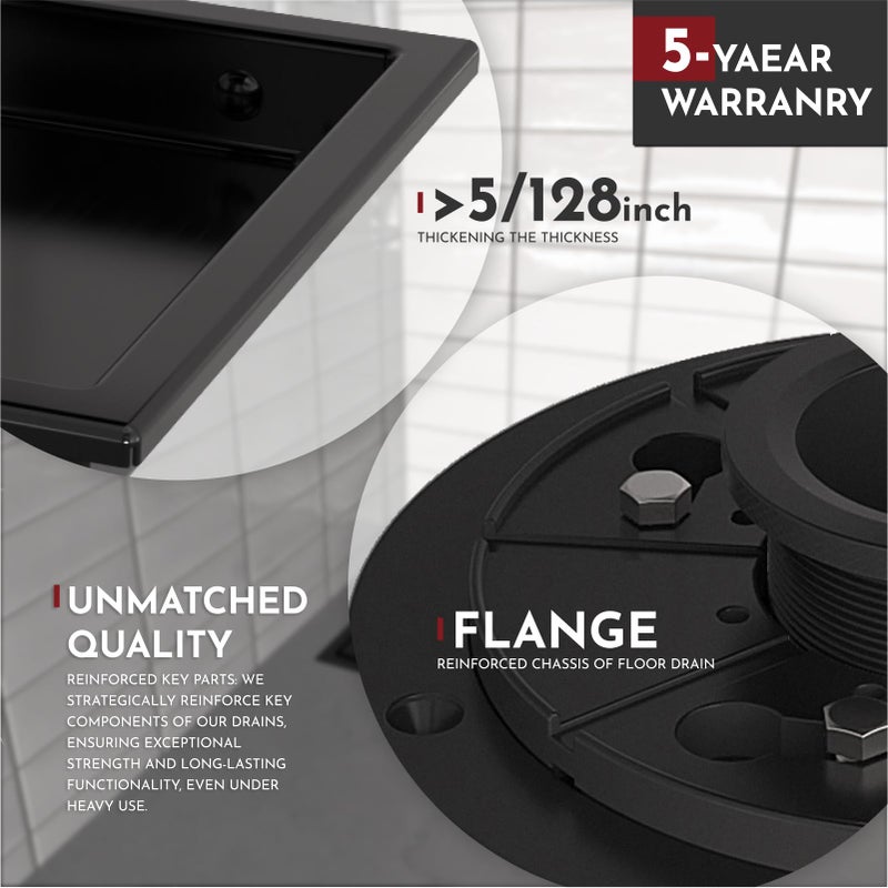 WEBANG 6 Inch Square Shower Drain Black Floor Drain with Flange Reversible 2-in-1 Cover Tile Insert Grate Removable SUS304 Stainless Steel CUPC Certified Matte Black - Image 3