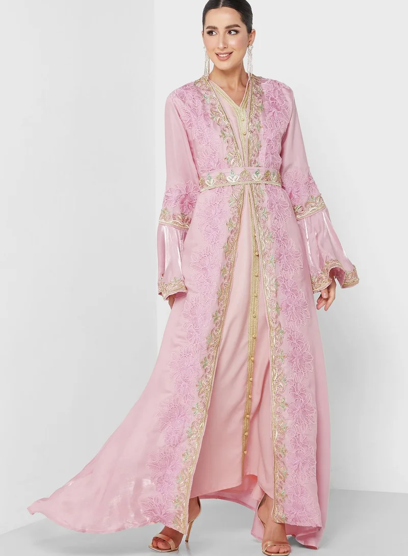 hayas closet Ruffle Sleeve Belted Embellished Dress