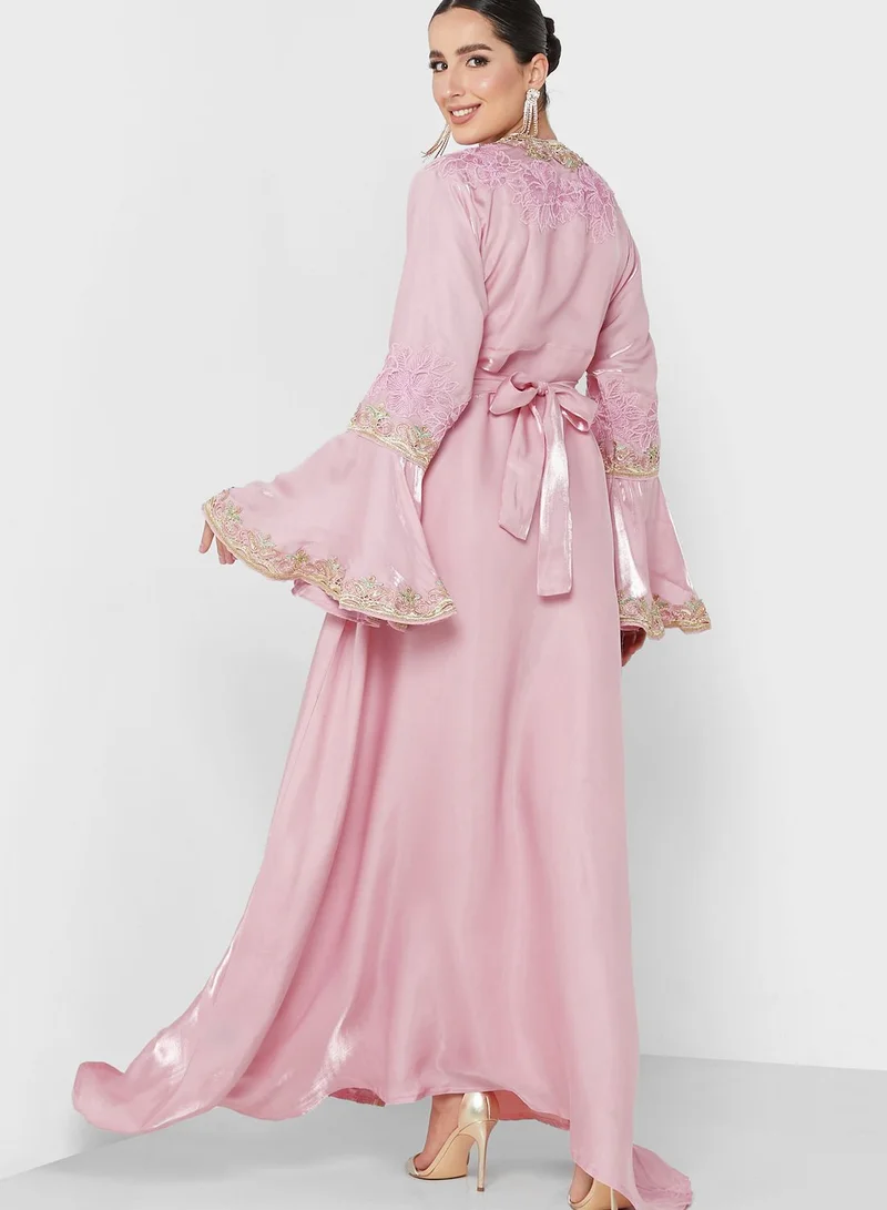 hayas closet Ruffle Sleeve Belted Embellished Dress