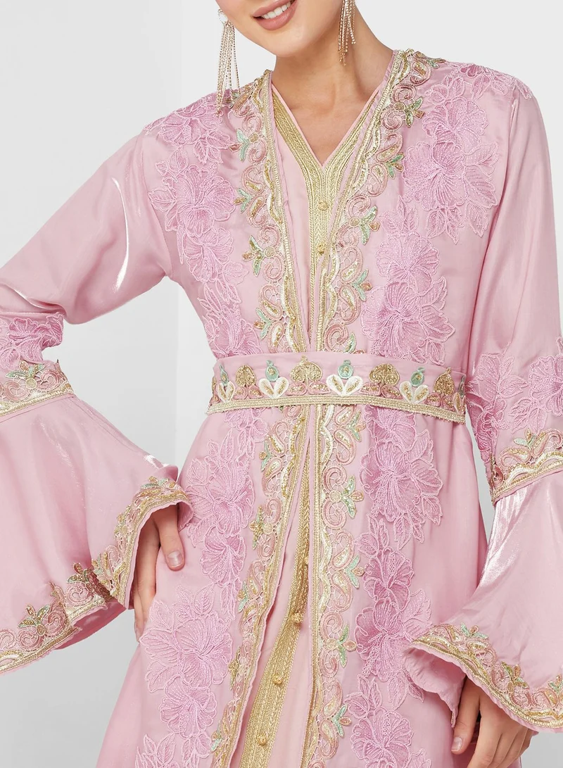 hayas closet Ruffle Sleeve Belted Embellished Dress