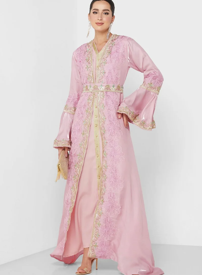 hayas closet Ruffle Sleeve Belted Embellished Dress