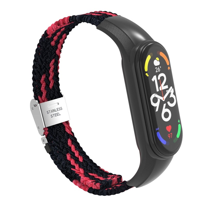 إيروريكس لساعة Xiaomi Mi Band 7 الذكية، سوار ساعة مدمج مضفر من النايلون قابل للتعديل (أسود وأحمر) - Image 3