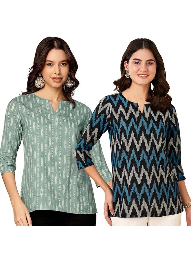 Pinkmint store Women's Printed Cotton Blend Short Kurti with 3/4th Sleeve & Notch Neck l Casual & Office Wear Tunic Kurti (pack of 2) 2XL - Image 1