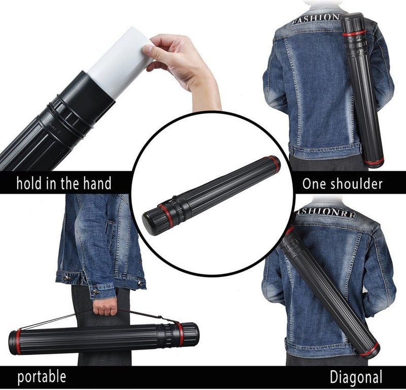 DEWEL Drawing Tube Blueprint Case Telescoping Art Tube Large Plastic Black Storage Tube Expands from 25 to 40 Inches Plastic Waterproof and Light Resistant Poster Tube with Strap - Image 4
