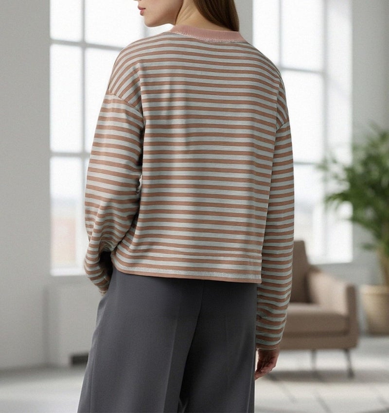 KOSUSANILL Striped Long Sleeve Shirt Women Oversized Baggy Tshirt Crewneck Boxy Cropped Tee Tops Drop Shoulder Y2K Cute Preppy Sweatshirt Vintage Teen Girls Fall Pullover Top (Pink, M) - Image 4