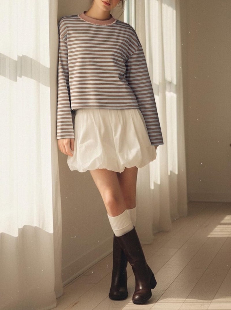 KOSUSANILL Striped Long Sleeve Shirt Women Oversized Baggy Tshirt Crewneck Boxy Cropped Tee Tops Drop Shoulder Y2K Cute Preppy Sweatshirt Vintage Teen Girls Fall Pullover Top (Pink, M) - Image 2