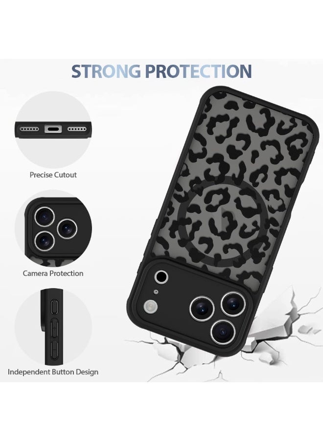 حافظة مصنوعة لهاتف iPhone 17 Pro Max [متوافقة مع MagSafe] تصميم بنمط الفهد الأسود للنساء والفتيات والرجال، ممتص للصدمات ناعم من البولي يوريثان الحراري، غطاء خلفي صلب من البولي كربونات مضاد للسقوط ومضاد للصدمات، غطاء مغناطيسي نحيف - Image 4