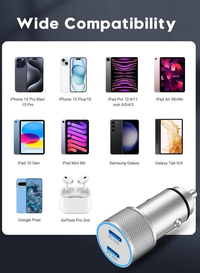 عام شاحن سيارة iPhone 15/15 Pro Max، عبوتان محول طاقة شاحن سيارة USB C سريع بمنفذ مزدوج 40 وات مع كابل USB C إلى C بطول 3أقدام لهاتف iPhone 15/15 Plus/15 Pro Max وiPad Pro/Air/Mini - Image 4