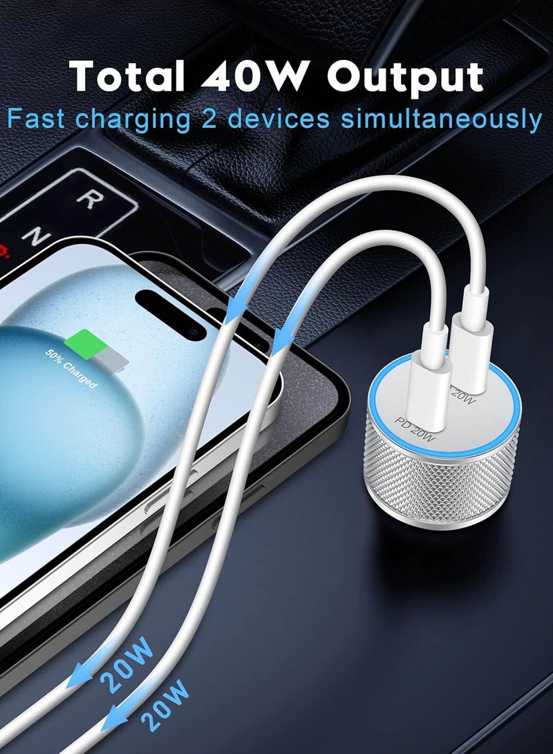 عام شاحن سيارة iPhone 15/15 Pro Max، عبوتان محول طاقة شاحن سيارة USB C سريع بمنفذ مزدوج 40 وات مع كابل USB C إلى C بطول 3أقدام لهاتف iPhone 15/15 Plus/15 Pro Max وiPad Pro/Air/Mini - Image 3