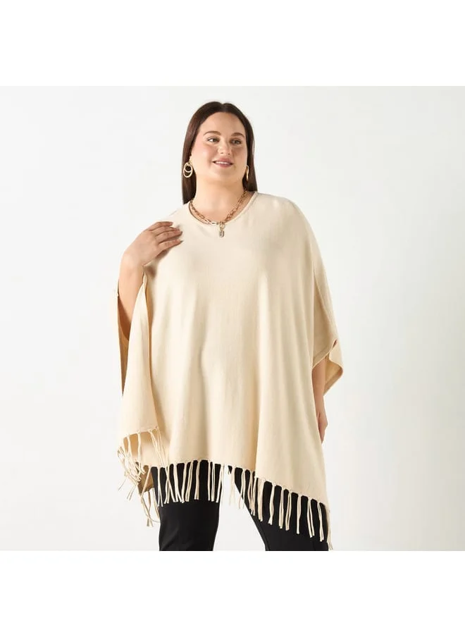 Ulla Popken Plus Size Ulla Popken Solid Round Neck Poncho with Tassels