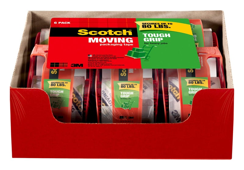 Scotch Tough Grip Moving Packing Tape, Clear, Moving Tape That Secures Boxes up to 80 Pounds, Moving Supplies, 1.88 in. x 22.2 yd., 6 Tape Rolls with Dispensers - Image 1