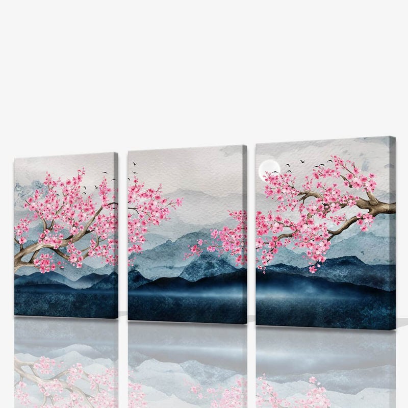 ALSIZE Japanese Cherry Blossom Tree Wall Art  Pink Floral Canvas Pictures for Bathroom and Bedroom Decor  Framed 12x16 Inch x 3 Pieces 
