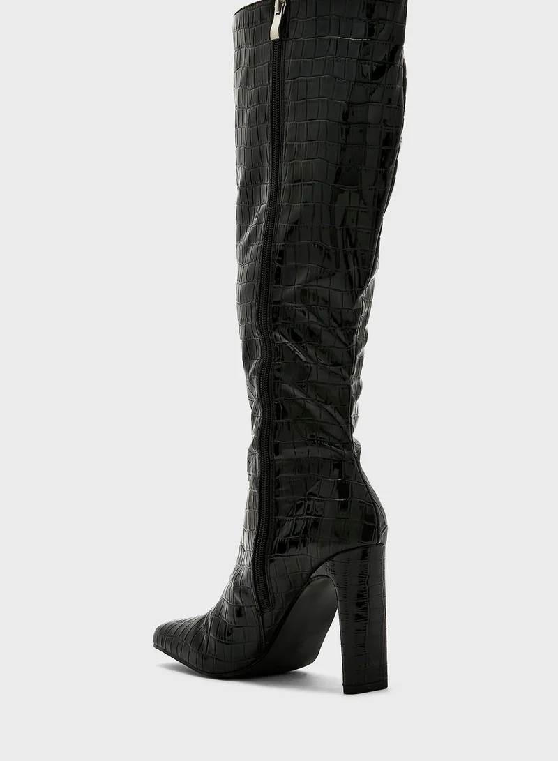 Ginger Black Croc Patent  High Heel Point Toe Boot