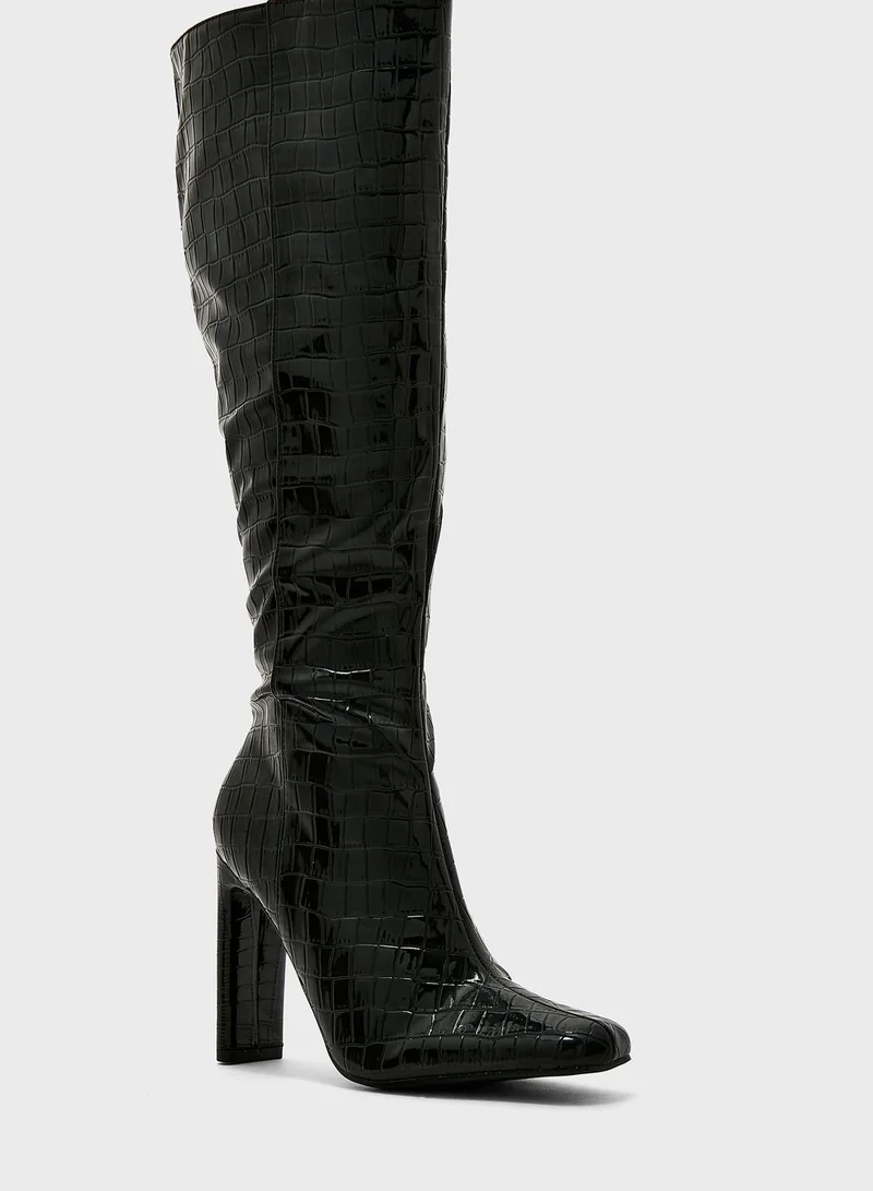 Ginger Black Croc Patent  High Heel Point Toe Boot