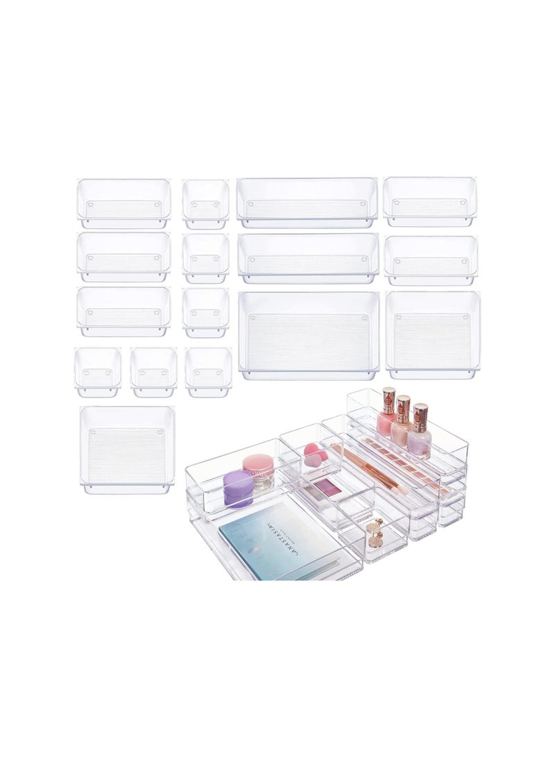 Dubkart 16 Pcs Desk Drawer Organizers Trays Set Clear Plastic Storage Bins Bathroom Drawer Tray Dividers Vanity Trays Organizer for Bedroom Dresser Makeup Kitchen Utensil Office - Image 1