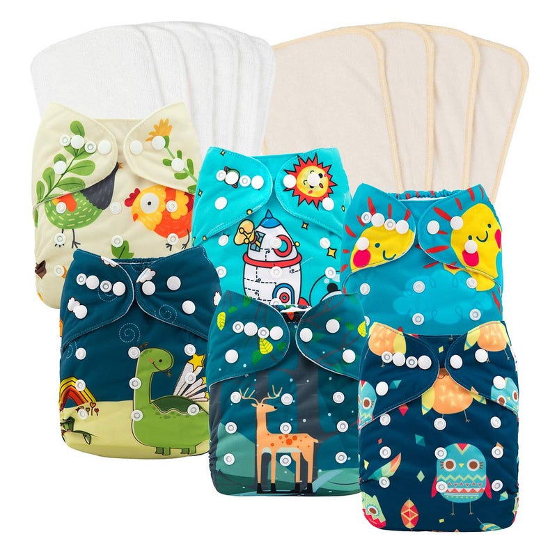 babygoal Reusable Cloth Diapers 6 Pack+6pcs Microfiber Inserts+4pcs Rayon from Bamboo Inserts, One Size Adjustable Washable Pocket Nappy Covers for Baby Boys,Rash-Free - Image 1