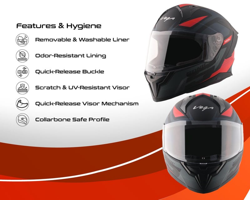 Vega Sonic Trigger Full Face Helmet-Dull Black Red-M - Image 4