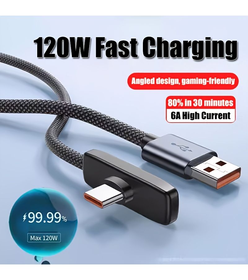 كابل شحن سريع PD بقدرة 120 واط كحد أقصى 6A، مصنوع من القماش المضفر، كابل بيانات USB-C بطول 6.6 قدم، كابل شحن نوع C مرفوع بزاوية، متوافق مع iPhone 16 و15 Pro وiPad وMacBook وSamsung وXiaomi وHuawei - Image 1