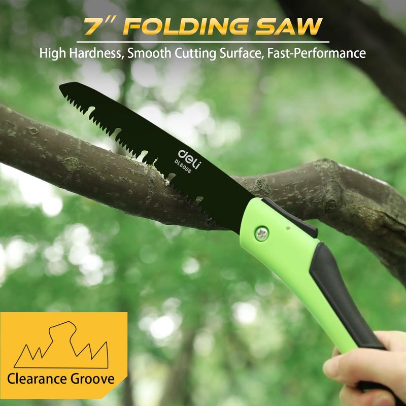 Deli DL6006 7" Folding Saw with 170mm Steel Blade ABS Handle 3-Sided Grinding Teeth Secure Lock Handsaw for Pruning Gardening Camping Wood Cutting Tree Branch (Pack of 1, Green Black) - Image 2