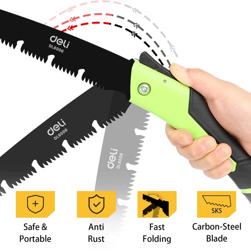 Deli DL6006 7" Folding Saw with 170mm Steel Blade ABS Handle 3-Sided Grinding Teeth Secure Lock Handsaw for Pruning Gardening Camping Wood Cutting Tree Branch (Pack of 1, Green Black) - Image 3