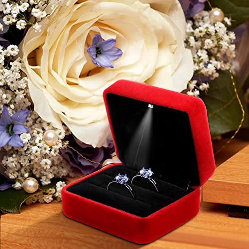 GBYAN Velvet 2 Slots Ring Box with LED Light for Ceremony Jewelry Display Gift Box for Engagement, Wedding, Red - Image 5