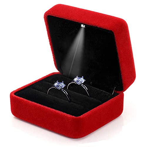 GBYAN Velvet 2 Slots Ring Box with LED Light for Ceremony Jewelry Display Gift Box for Engagement, Wedding, Red - Image 1