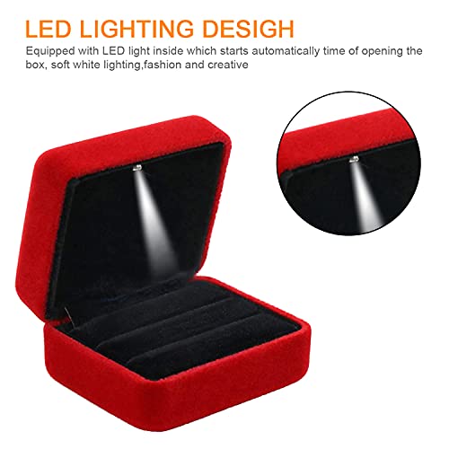 GBYAN Velvet 2 Slots Ring Box with LED Light for Ceremony Jewelry Display Gift Box for Engagement, Wedding, Red - Image 3