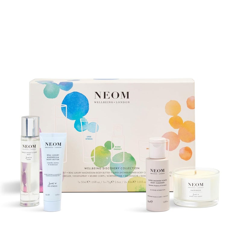 NEOM Wellbeing Discovery Collection Perfect Nights Sleep Pillow Mist Happiness Travel Candle Real Luxury Magnesium Body Butter Super Shower Power Cleanser Gift Set - Image 1