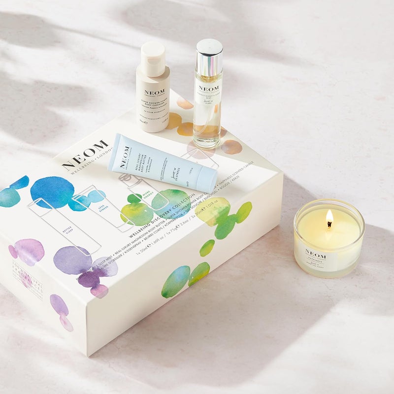 NEOM Wellbeing Discovery Collection Perfect Nights Sleep Pillow Mist Happiness Travel Candle Real Luxury Magnesium Body Butter Super Shower Power Cleanser Gift Set - Image 3