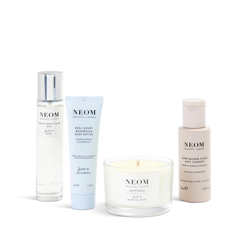 NEOM Wellbeing Discovery Collection Perfect Nights Sleep Pillow Mist Happiness Travel Candle Real Luxury Magnesium Body Butter Super Shower Power Cleanser Gift Set - Image 4