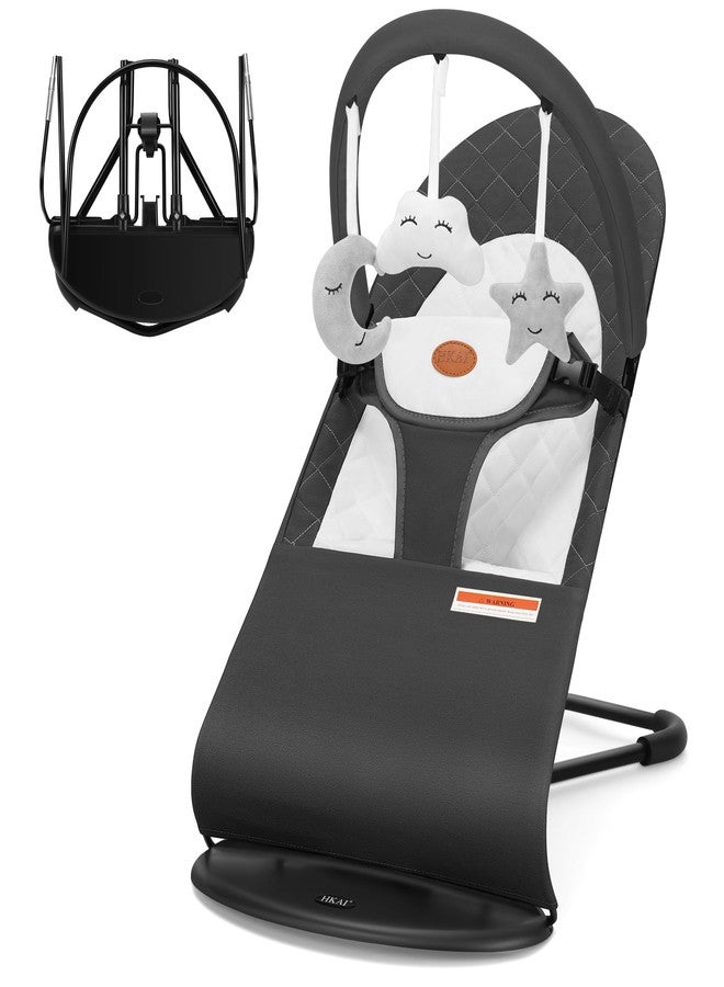 HKAI Baby Bouncer, Portable Baby Bouncer Seat for Babies 0-18 Months, 100% Cotton Fabrics, 3 Modes of use with Rocker and Stationary Options, Infant Rocker Chair with Hanging Toys-Dark Grey - Image 1