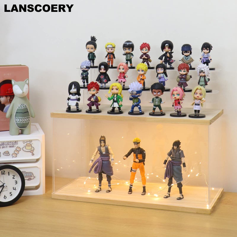 LANSCOERY حافظة عرض أكريليك مضاءة LED من LANSCOERY، صندوق عرض 3 طبقات للمقتنيات وشخصيات الحركة، منظم شفاف مقاوم للغبار مع قاعدة خشبية - 15.2x6.5x7.5 بوصة - Image 2
