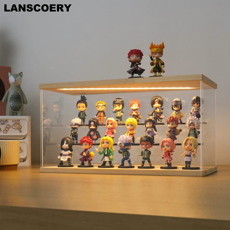 LANSCOERY حافظة عرض أكريليك مضاءة LED من LANSCOERY، صندوق عرض 3 طبقات للمقتنيات وشخصيات الحركة، منظم شفاف مقاوم للغبار مع قاعدة خشبية - 15.2x6.5x7.5 بوصة - Image 3