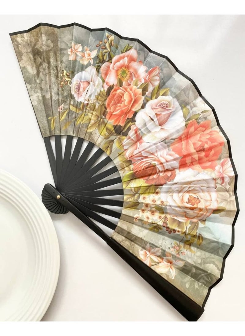 Generic Hand Fan High Quality of Durable Plastic, Leather Double-Sided Folding Flower Pattern Easy to Carry for Weddings, Party Favors, Performances, Dances, Home Decorations, Festivals, Gifts (Green Natural)  - Image 1