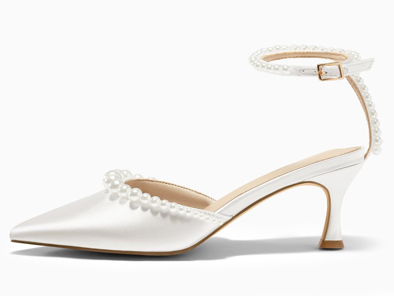 Coutgo Womens Pearl Kitten Heels Closed Pointed Toe Wedding Bride Dress Shoes Ankle Strap Satin Pumps, White, Size 8 - Image 5