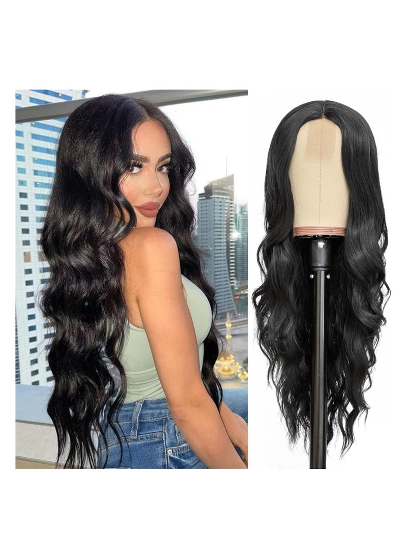 Estelle Long Black Wavy Wig for Women 26 Inch Middle Part Curly Wavy Wig Natural Looking Synthetic Heat Resistant Fiber Wig for Daily Party Use (Natural Black)  - Image 1