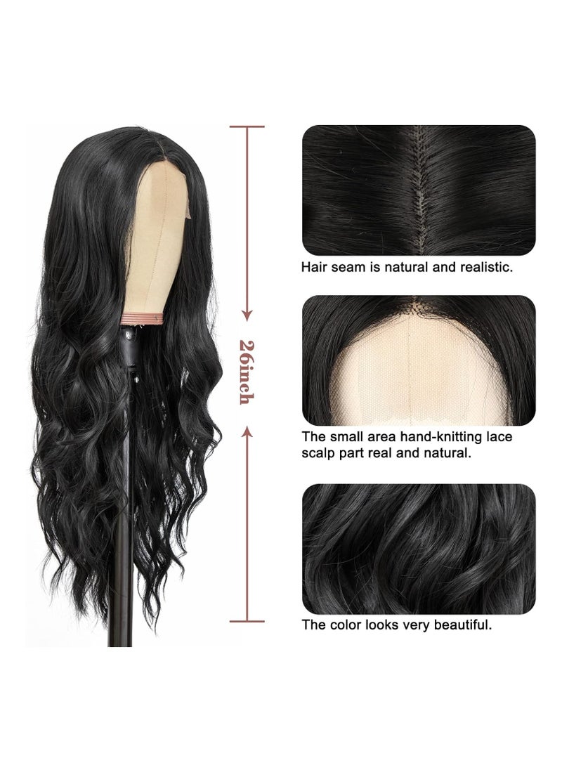 Estelle Long Black Wavy Wig for Women 26 Inch Middle Part Curly Wavy Wig Natural Looking Synthetic Heat Resistant Fiber Wig for Daily Party Use (Natural Black)  - Image 4