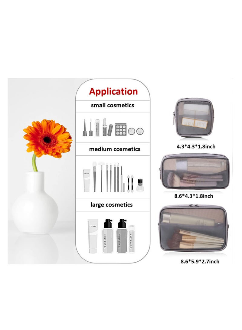 KASTWAVE 3 Pcs Mesh Makeup Bag, Mesh Toiletry Bag with Zipper, Mesh Travel Organizer Cosmetic Bags for Toiletries Accessories Gray - Image 5