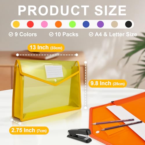 HOUYEE Pack of 10 Plastic Expanding File Folder,Multicolor Envelope File Folder Organizer Holder with Snap Closure,Expandable File Wallet Large Capacity, Fit Letter Size / A4 Documents - Image 2