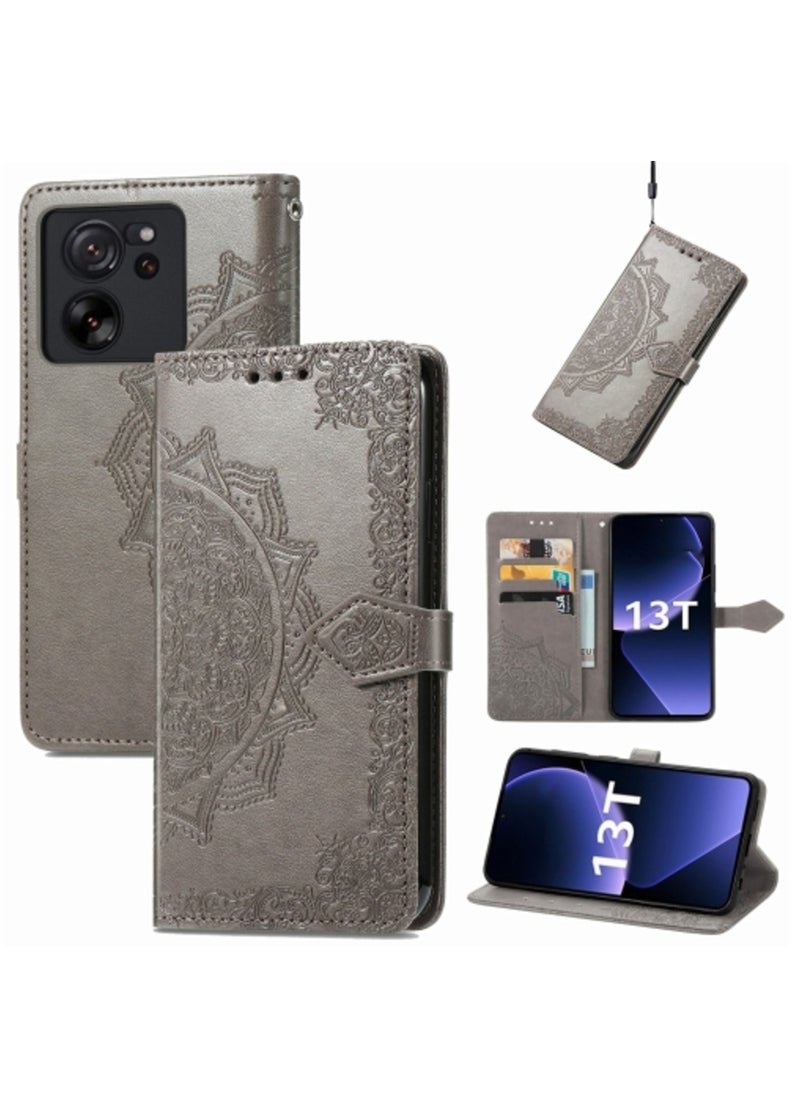 ماركة غير محددة حافظة لهاتف Xiaomi Redmi K60 Ultra  حافظة هاتف جلدية منقوشة بزهرة ماندالا باللون الرمادي  - Image 1