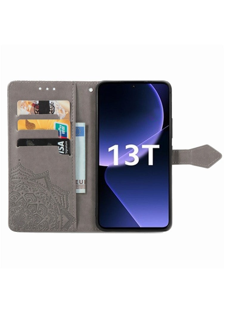ماركة غير محددة حافظة لهاتف Xiaomi Redmi K60 Ultra  حافظة هاتف جلدية منقوشة بزهرة ماندالا باللون الرمادي  - Image 3