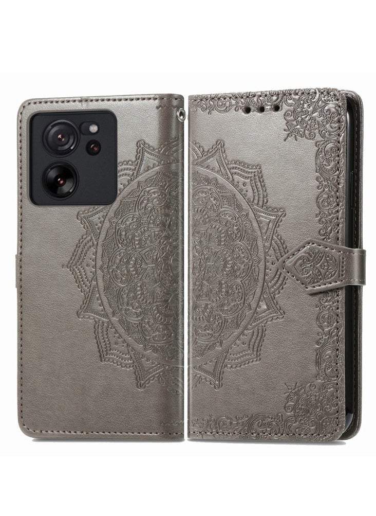 ماركة غير محددة حافظة لهاتف Xiaomi Redmi K60 Ultra  حافظة هاتف جلدية منقوشة بزهرة ماندالا باللون الرمادي  - Image 2