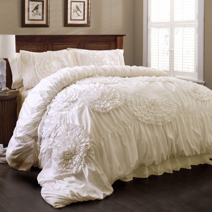 SERENA COMFORTER SET 3 PIECE SET KING IVORY RUCHED RUFFLED FLOWER DESIGN ROMANTIC RUFFLE BEDDING SET VINTAGE GLAM FARMHOUSE BEDROOM DECOR