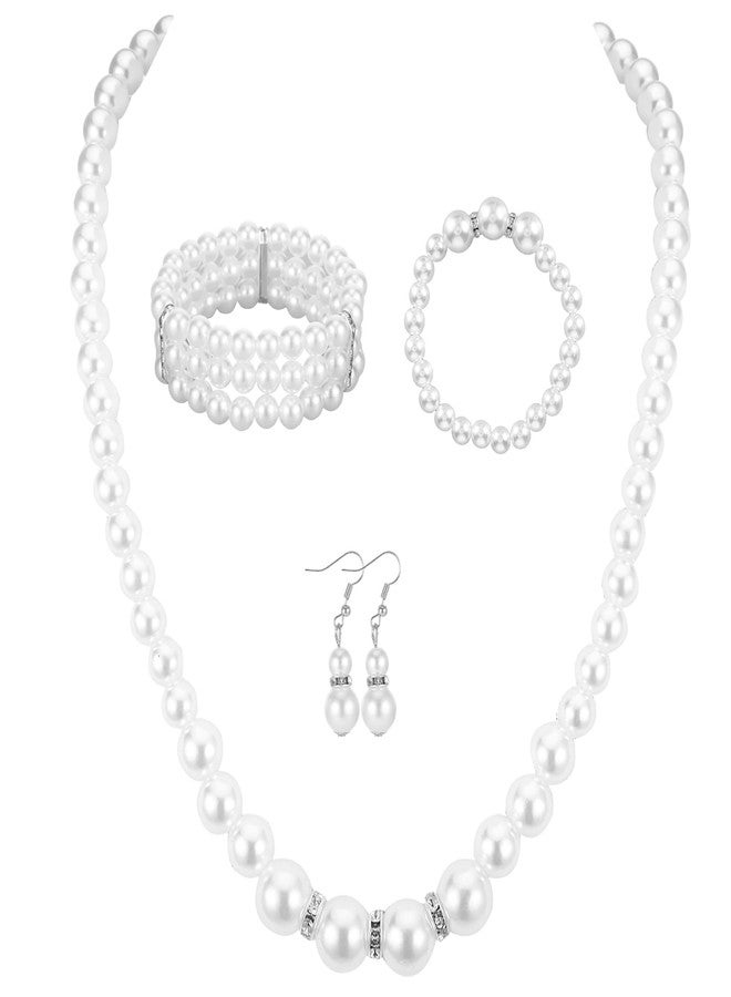 Qiuruoo Faux Pearl Jewelry Set for Women.Pearl Necklace and Earring Set, Choker Necklace for Women, Earrings, Bracelet Set of Four (for Ladies) - Image 1