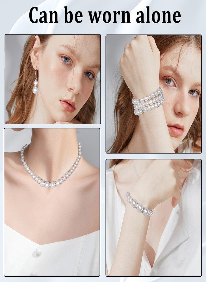 Qiuruoo Faux Pearl Jewelry Set for Women.Pearl Necklace and Earring Set, Choker Necklace for Women, Earrings, Bracelet Set of Four (for Ladies) - Image 4
