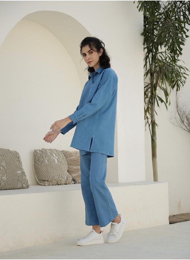 sanskrutihomes - Solid Long Sleeves Longline Shirt and Trousers Co-Ords by Styli - Image 1