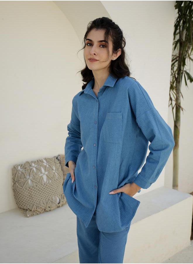 sanskrutihomes - Solid Long Sleeves Longline Shirt and Trousers Co-Ords by Styli - Image 1