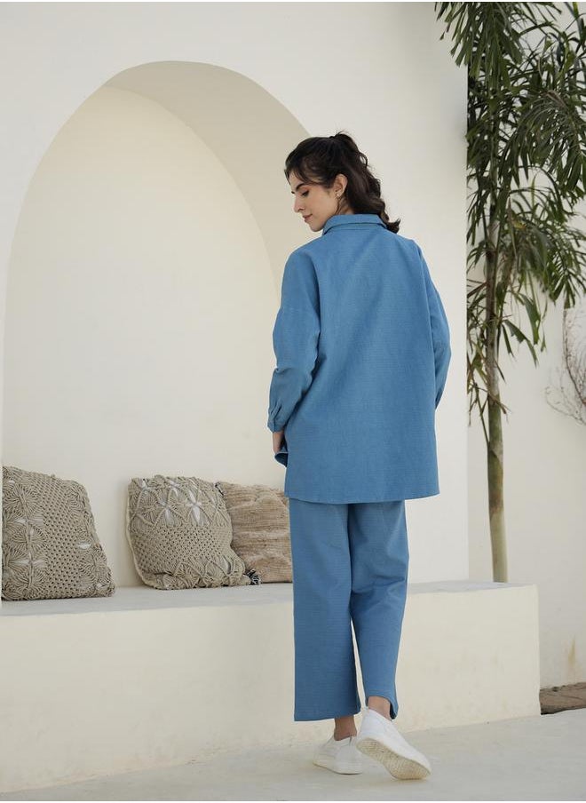 sanskrutihomes - Solid Long Sleeves Longline Shirt and Trousers Co-Ords by Styli - Image 1